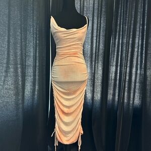 Elegant Peach Ruched Midi Dress